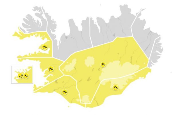 Kort frá veðurstofu Íslands sem sýnir gula viðvörun