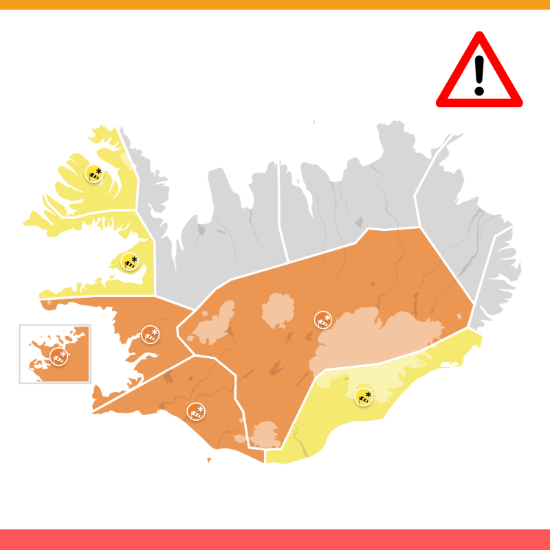Kort sem sýnir appelsínugula veðurviðvörun á höfuðborgarsvæðinu
